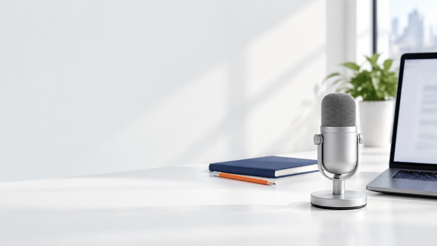 A desktop microphone beside a laptop in a bright workspace