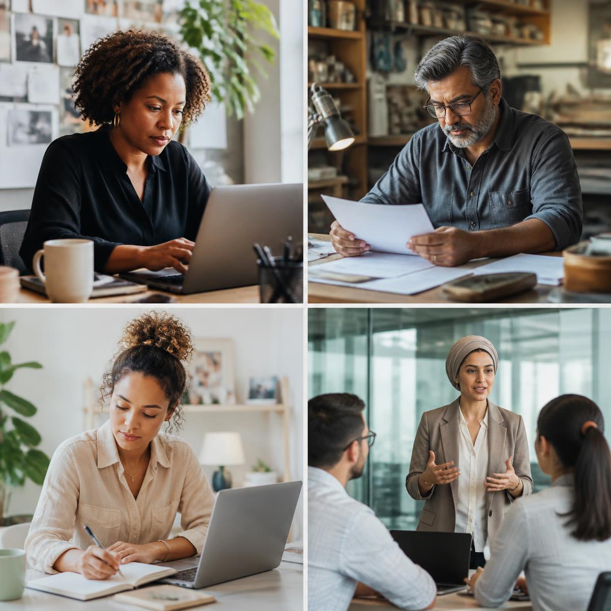 A montage of four agency owners, from a solo freelancer at a home desk to a founder leading a team meeting, all running AgentiCRM under their own brand