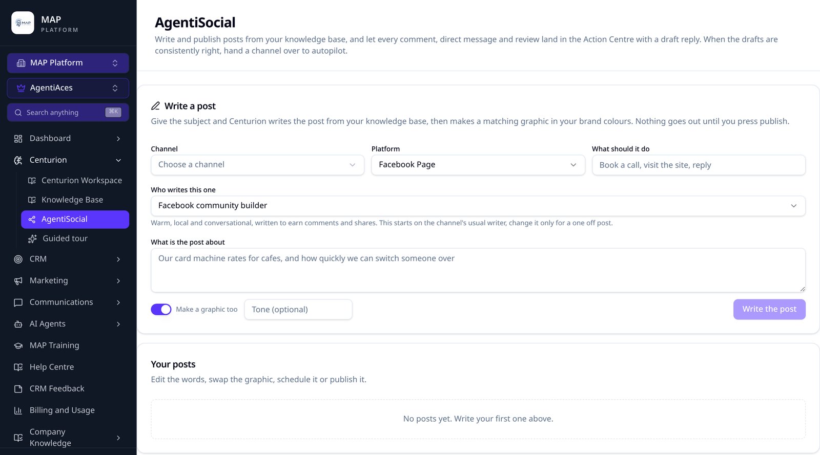 The AgentiSocial page with the post writer, the expert persona picker, the brand graphic toggle and the trend radar below