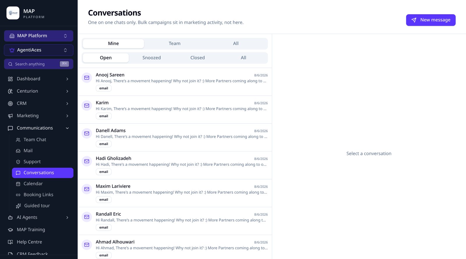 The AgentiCRM mailbox showing inbox, starred, sent, drafts, scheduled, archive, spam, trash and Gmail labels alongside a full message list