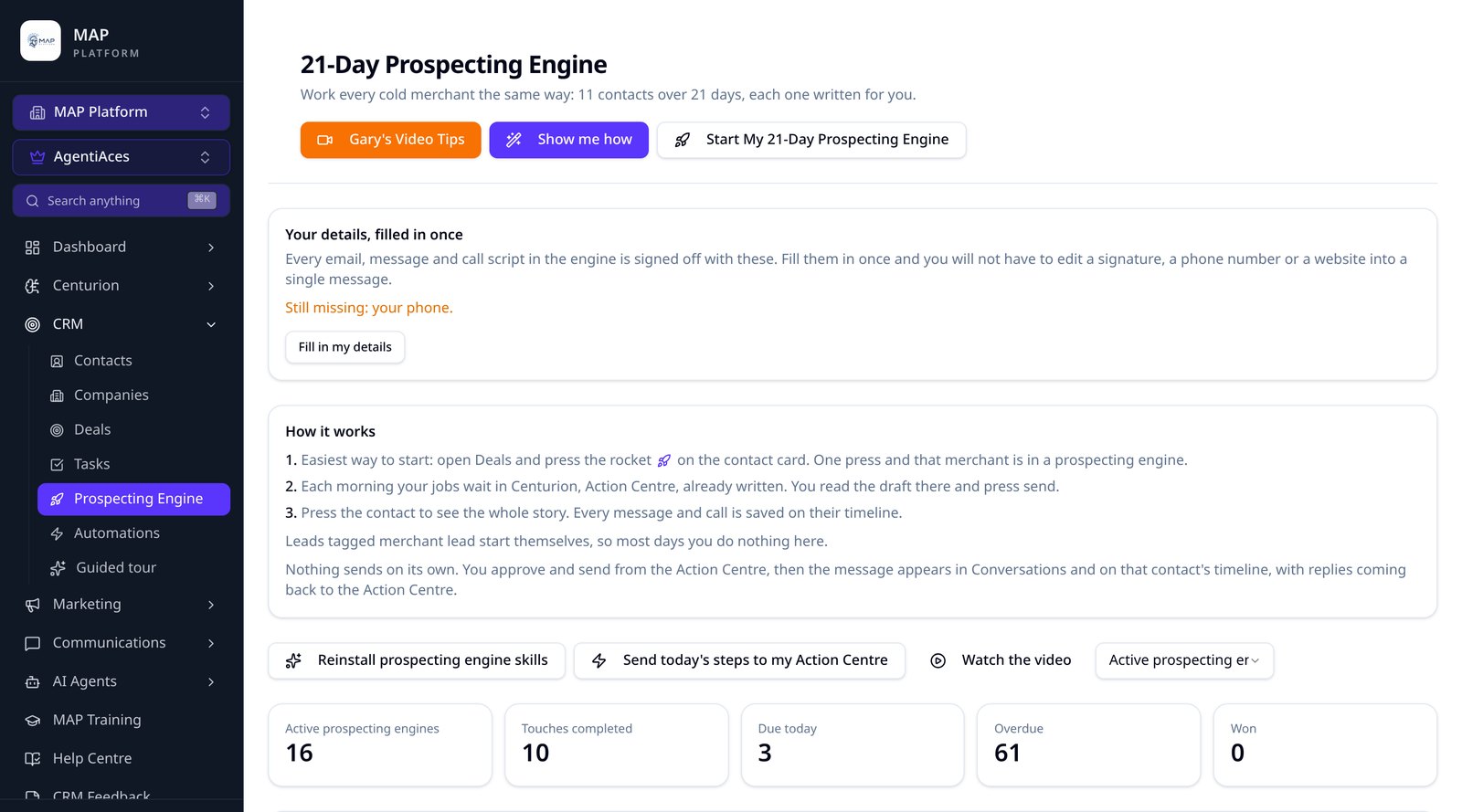 The 21 day Prospecting Engine page with the day by day plan, live counters and the start button