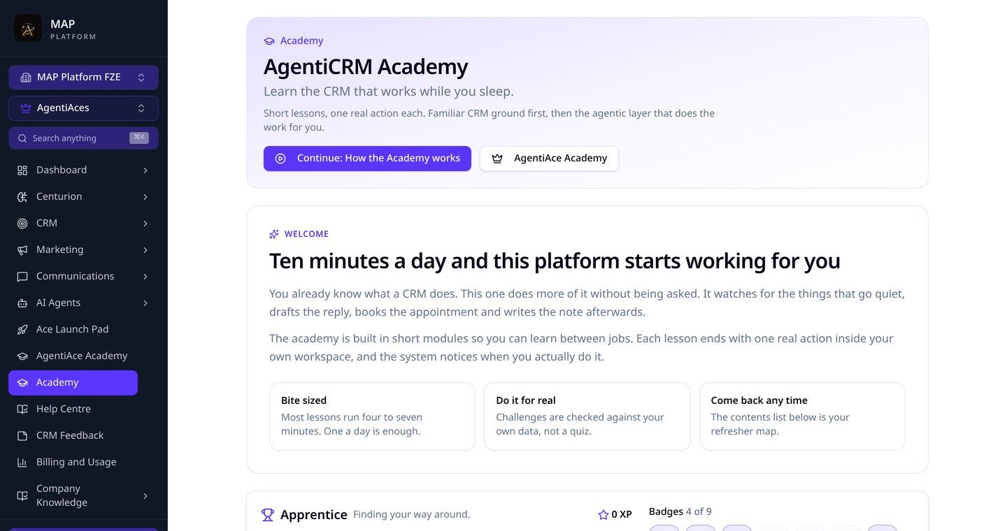 AgentiCRM Academy home screen with short lessons, XP and badges
