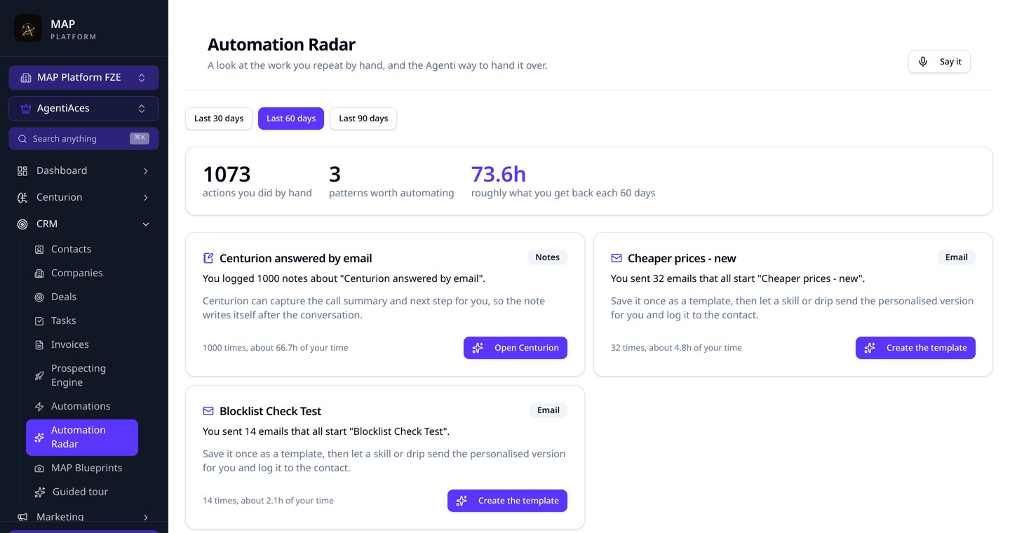 Automation Radar showing manual actions, repeat patterns and hours returned