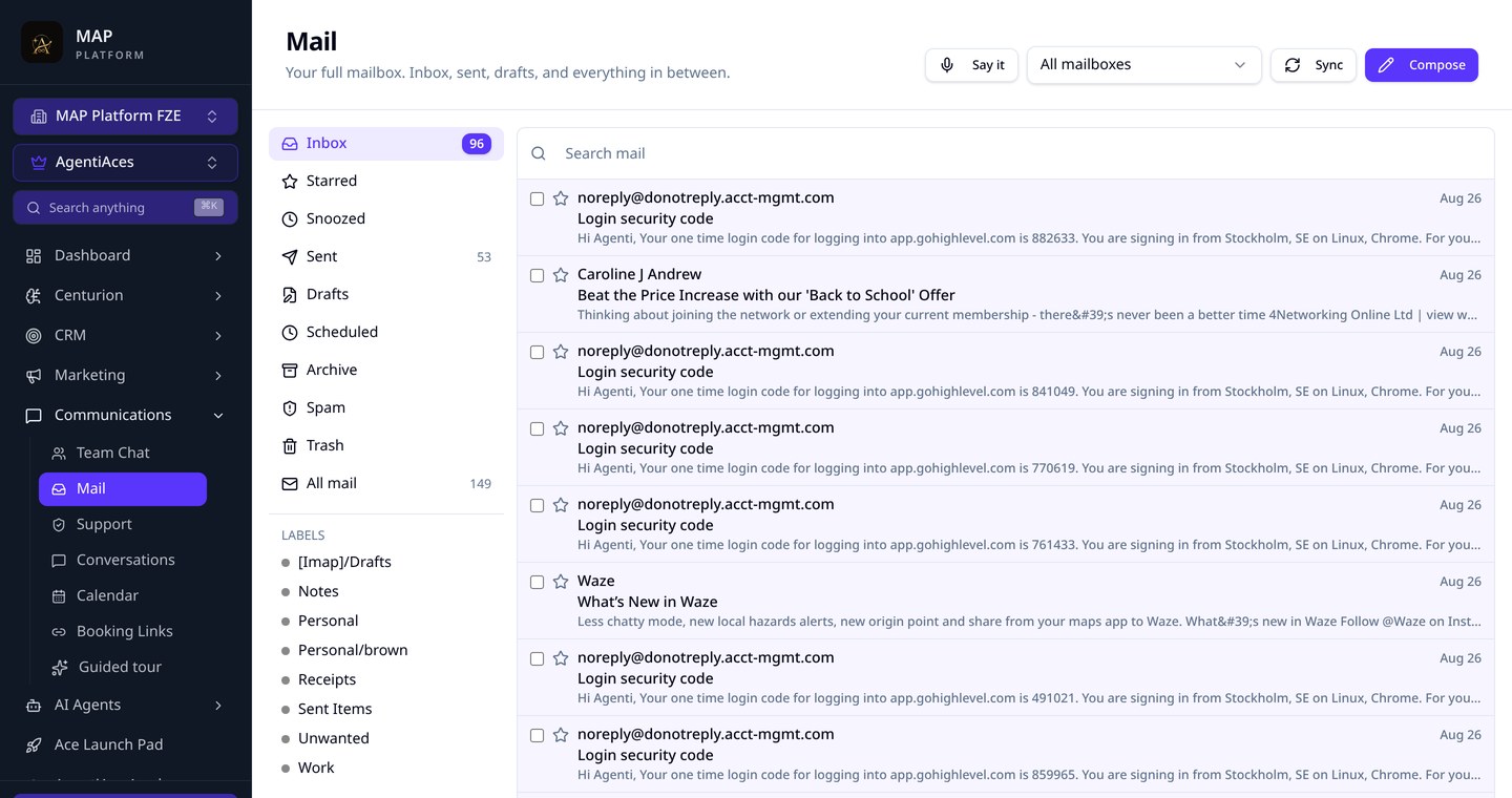 Full mailbox inside AgentiCRM with threads, search and compose
