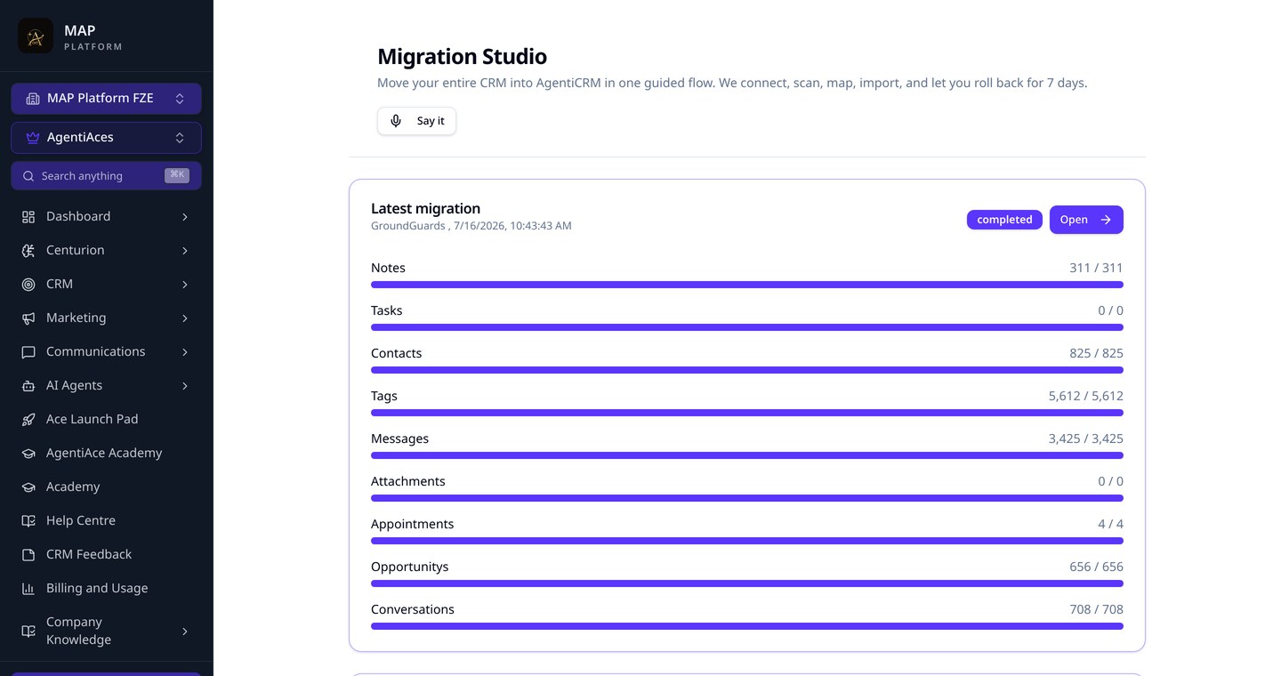 Migration Studio run report showing contacts, tags, conversations and opportunities all fully imported